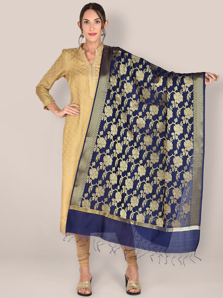 Banarasi Navy Blue Silk Dupatta with Floral Jaal freeshipping - Dupatta Bazaar