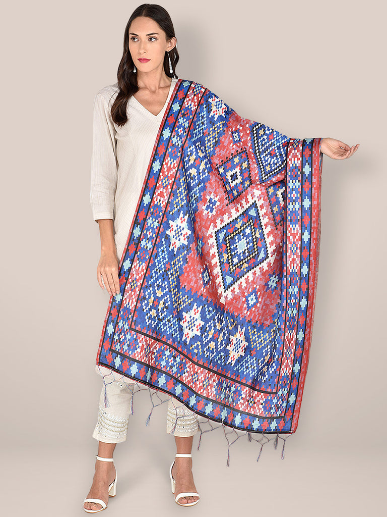 Aztec Printed Blue & Red Art Silk Dupatta freeshipping - Dupatta Bazaar