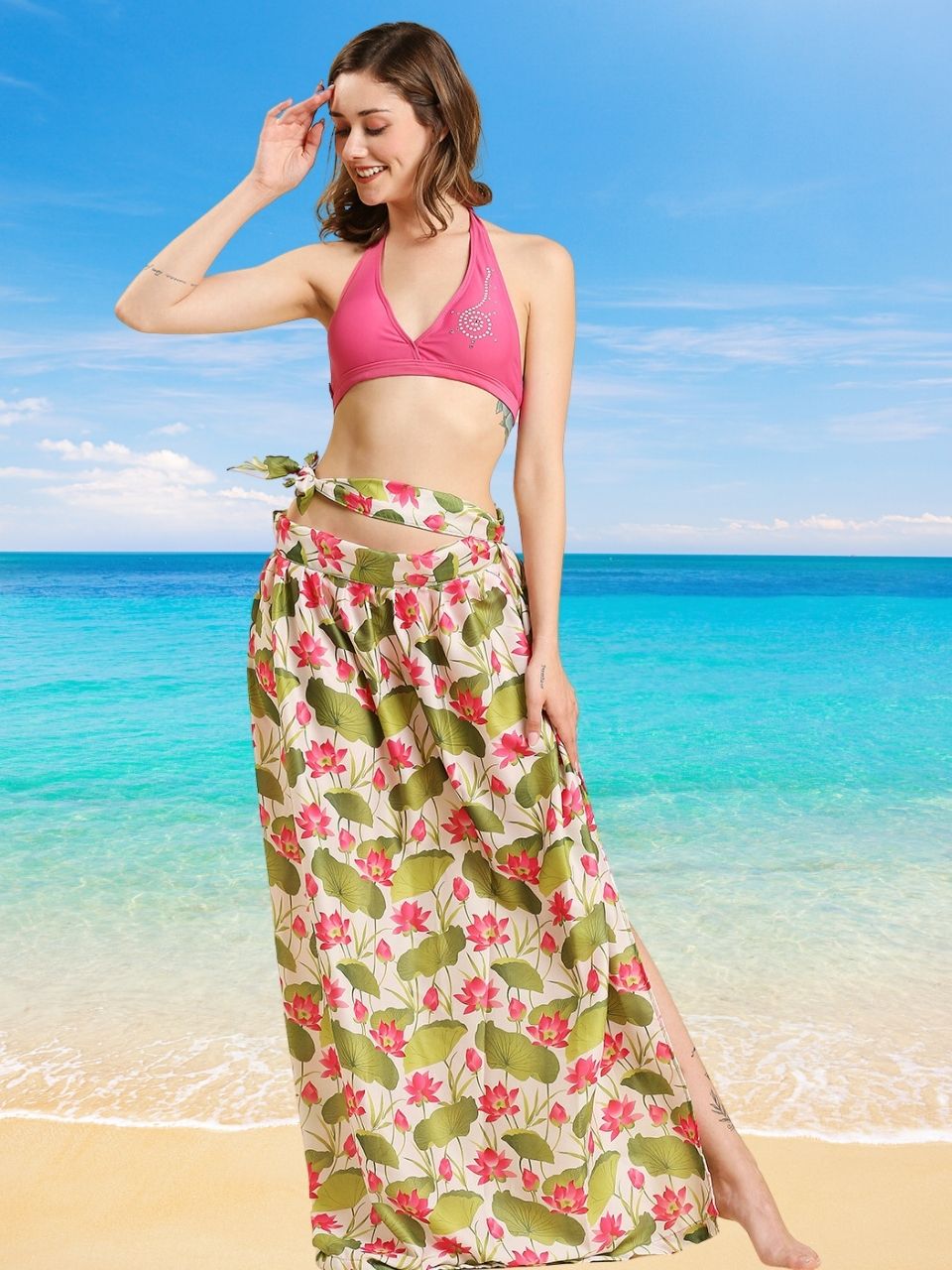 Pink Green Lotus Print Crepe Satin Wrap Around Skirt Sarong