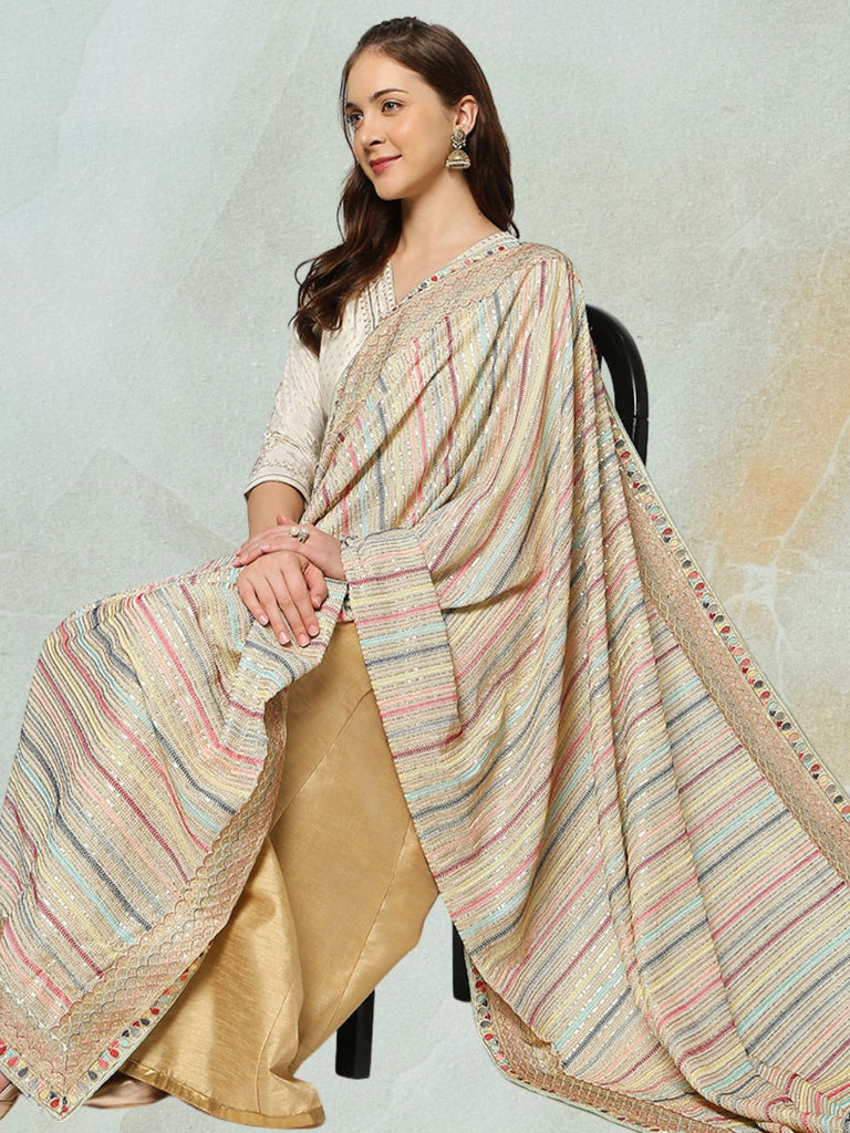 Pastel Green Striped Sequence & Pastel Embroidery Dupatta
