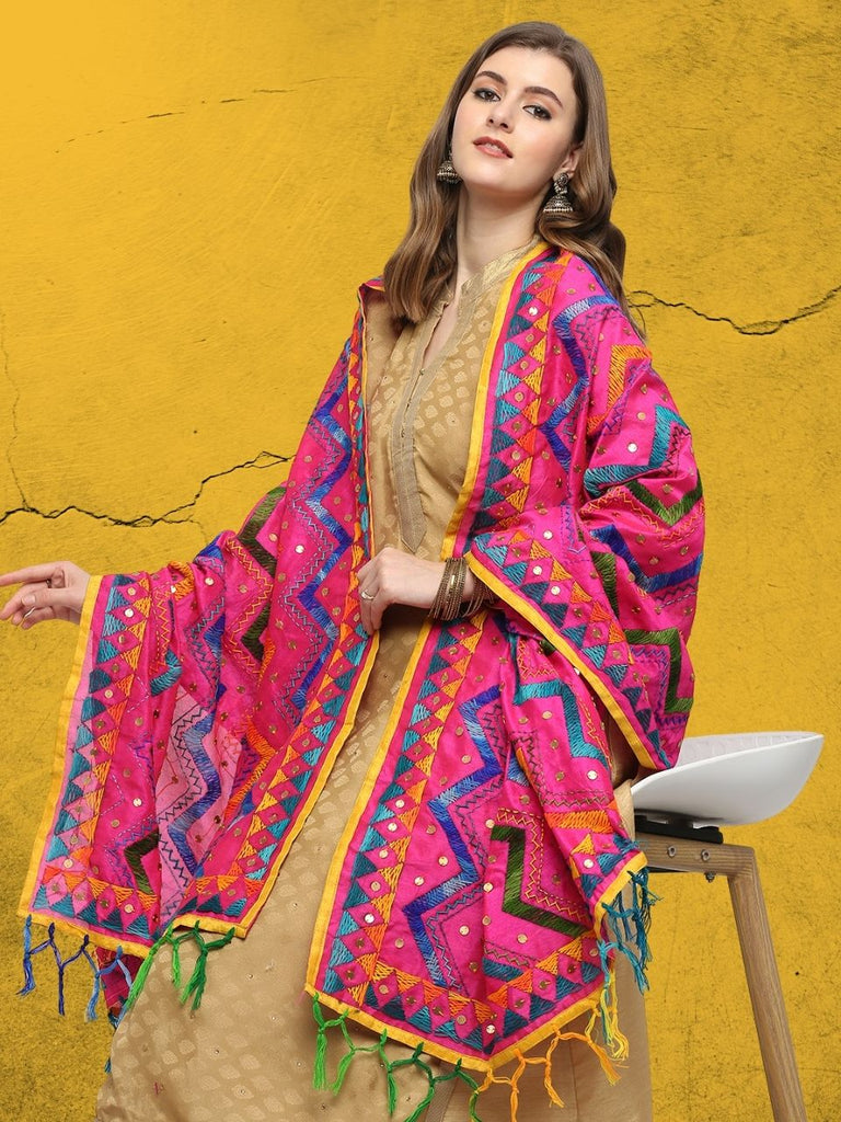 Embellished Rani Pink & Multicoloured Embroidered Chanderi Silk Dupatta