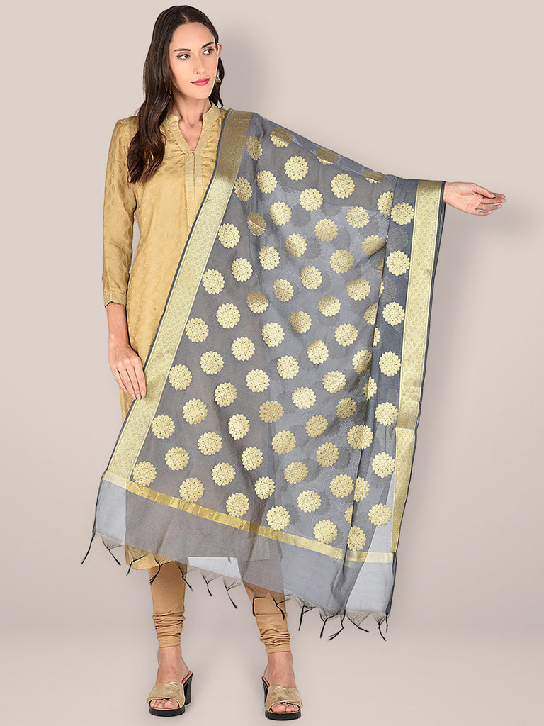 Grey Banarasi Silk Dupatta. freeshipping - Dupatta Bazaar