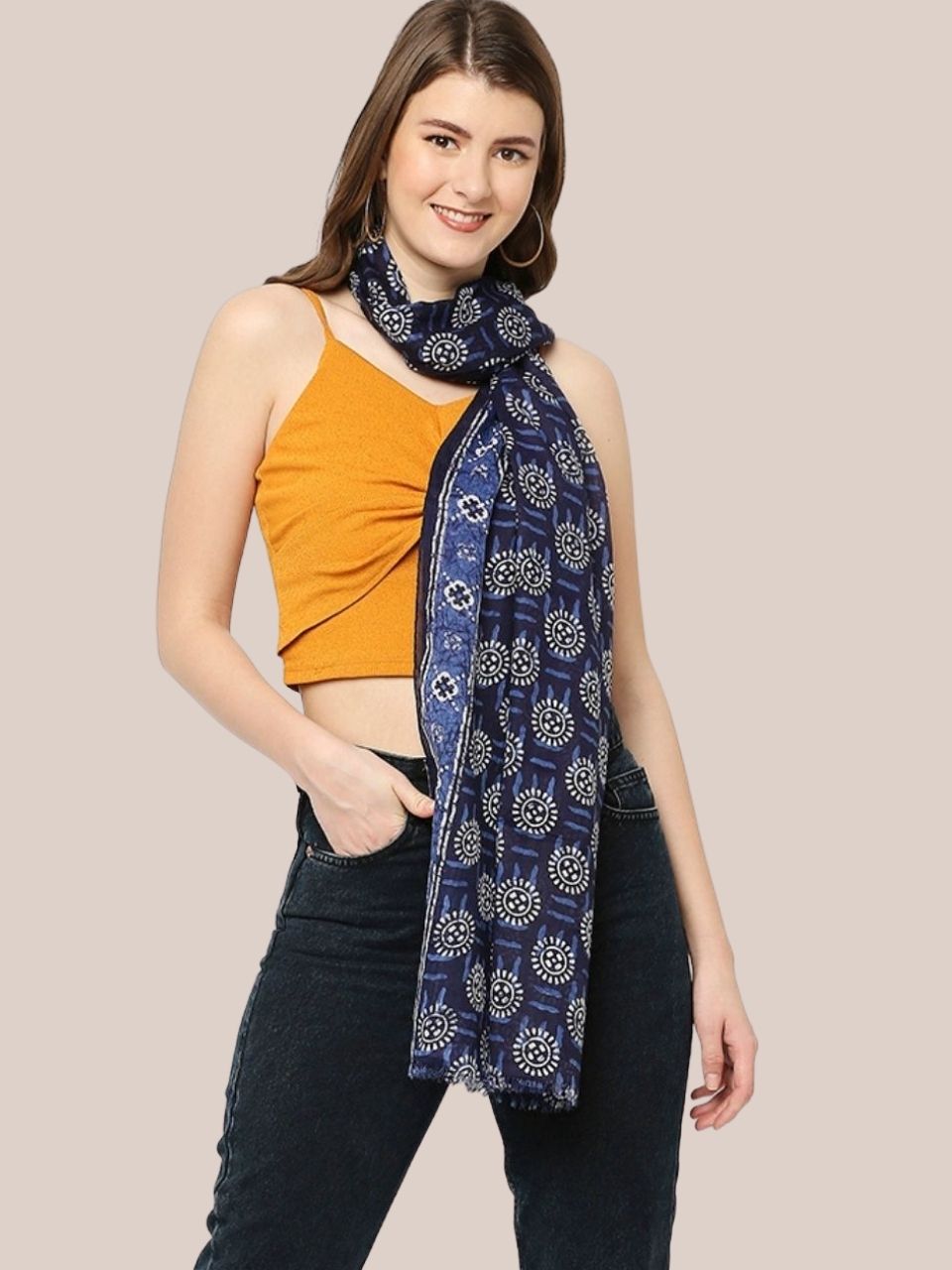 Blue Cotton Mulmul Printed Stole