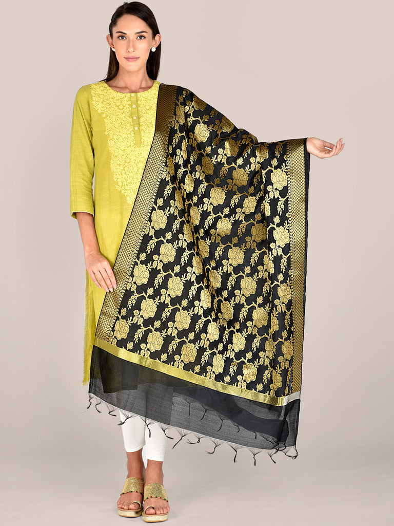 Banarasi Black Silk Dupatta with Floral Jaal freeshipping - Dupatta Bazaar