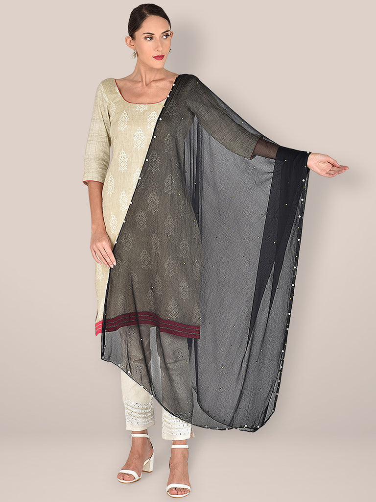 Black Chiffon Dupatta with Pearls & Beads freeshipping - Dupatta Bazaar