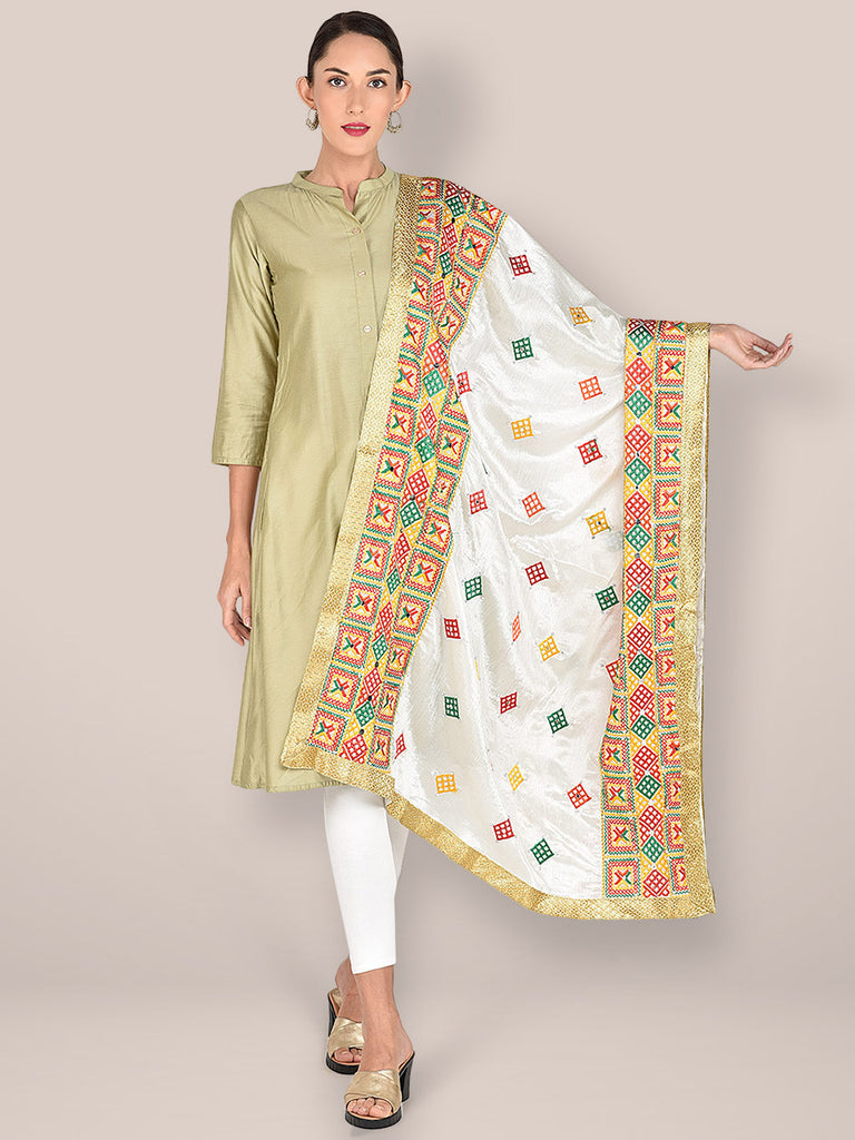 Phulkari White & Multicoloured Pure Chinon Dupatta freeshipping - Dupatta Bazaar