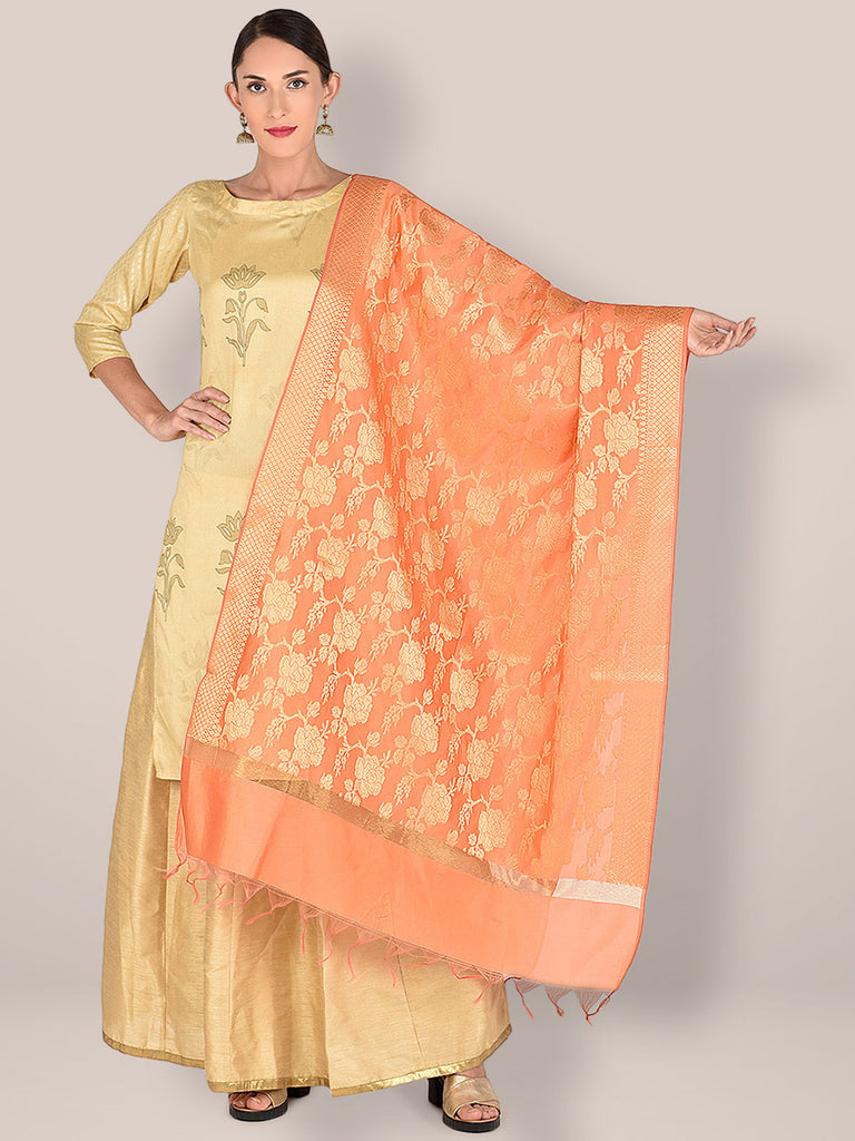 Banarasi Peach Silk Dupatta with Floral Jaal freeshipping - Dupatta Bazaar