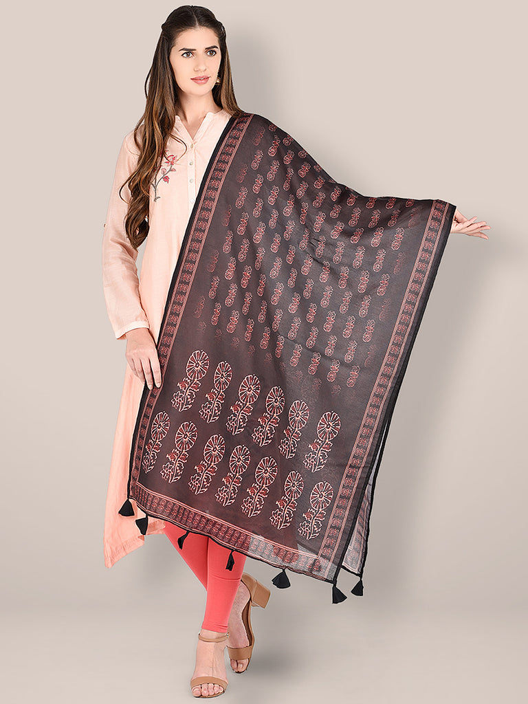 Black & Maroon Kalamkari Printed Blended Silk Dupatta. freeshipping - Dupatta Bazaar