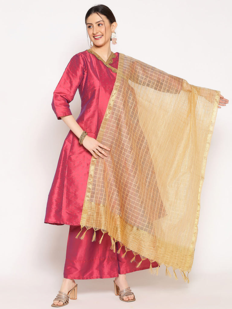 Gold Blended Silk Dupatta With Self Checkered Pattern