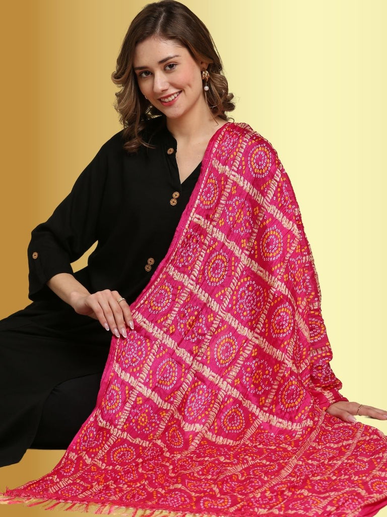 Rani Pink Bandhini Gharchola Printed Art Silk Crushed Dupatta