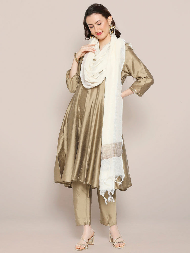 Off White Handloom Cotton dupatta with Brown border freeshipping - Dupatta Bazaar
