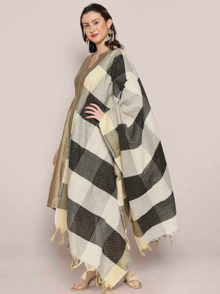 Cream & Black Checkered Dupatta with Polka dots freeshipping - Dupatta Bazaar