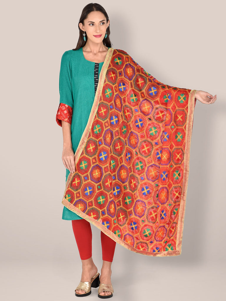 Phulkari Red & Multicoloured Pure Chiffon Dupatta freeshipping - Dupatta Bazaar