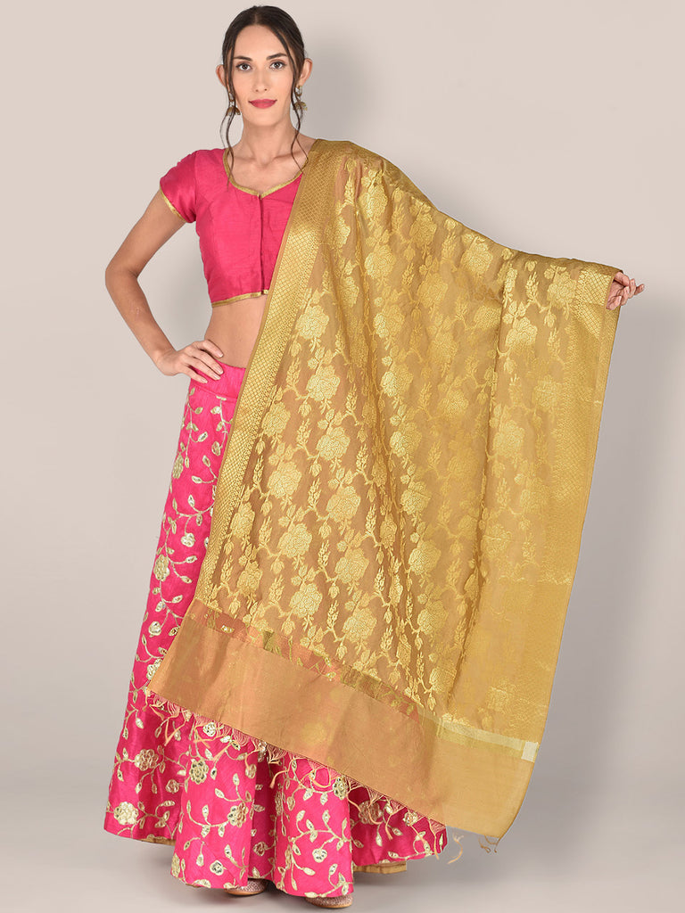 Banarasi Gold Silk Dupatta with Floral Jaal freeshipping - Dupatta Bazaar