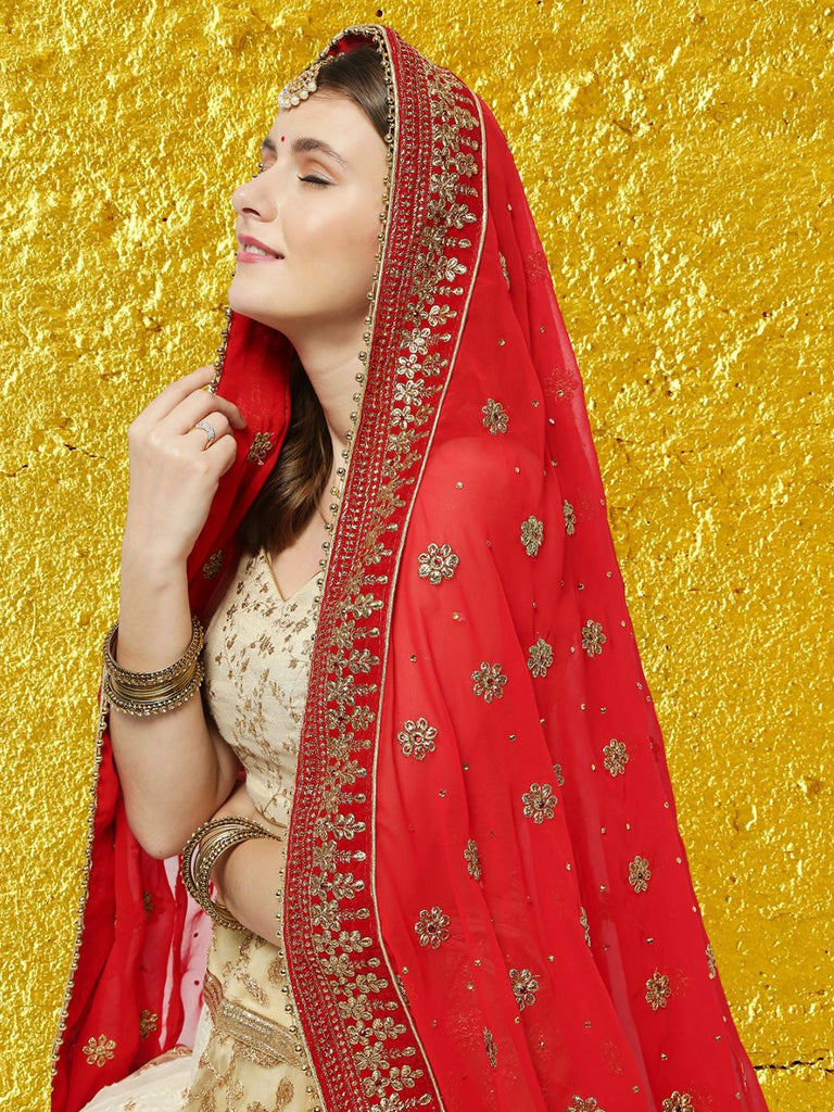 Embroidered Red Bridal & Wedding Wear Georgette Dupatta