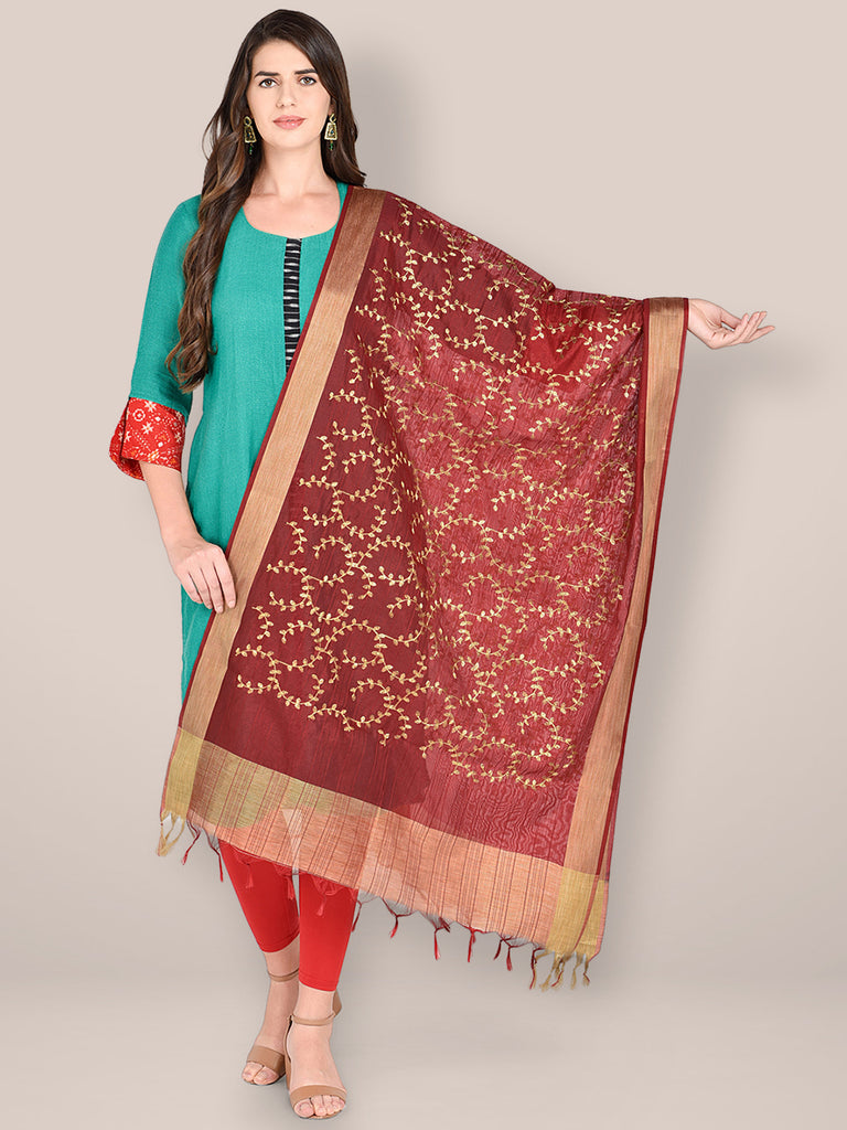 Embroidered Maroon Blended Silk Dupatta. freeshipping - Dupatta Bazaar