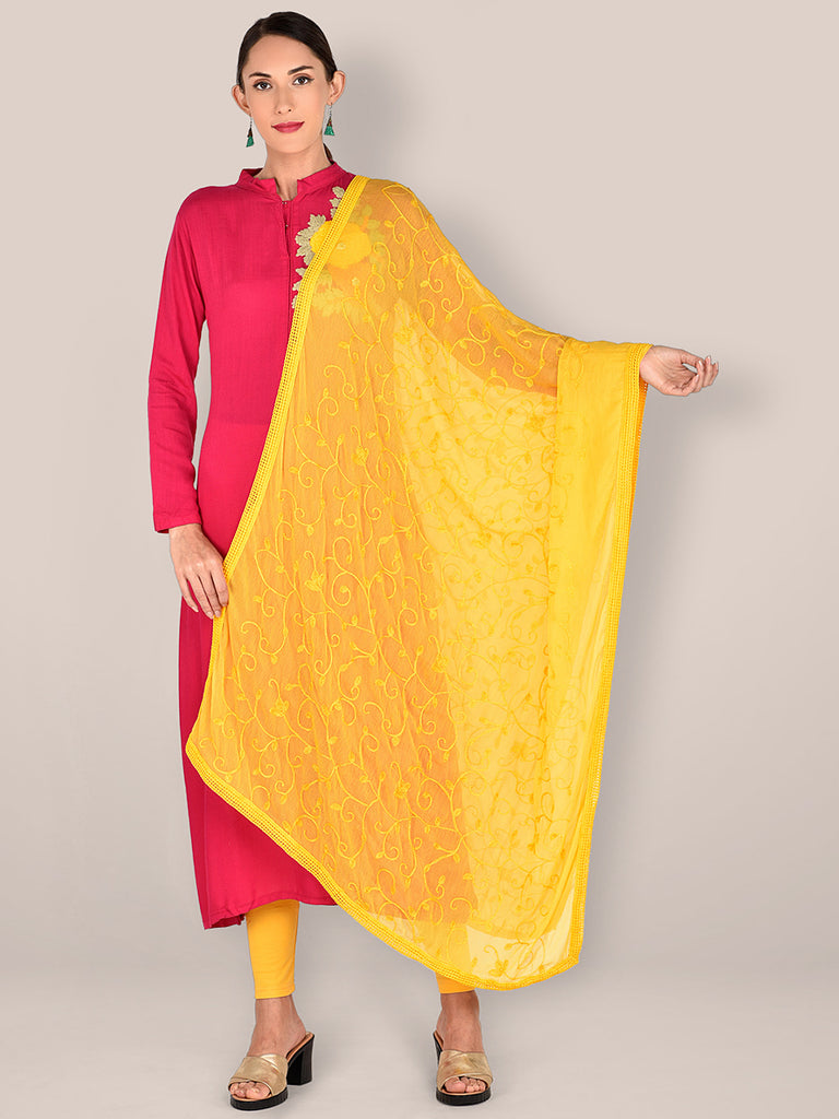 Yellow  Embroidered Chiffon Dupatta freeshipping - Dupatta Bazaar