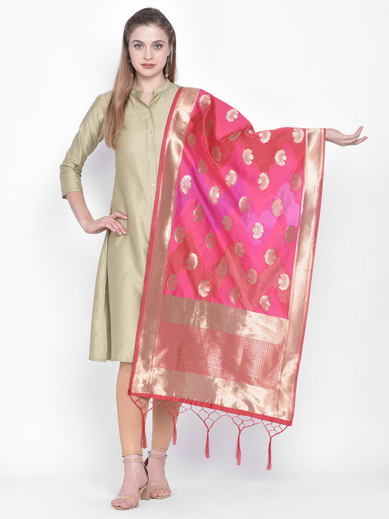 Dupatta Bazaar Woman's Pink & Red Shaded Banarasi Silk Dupatta - Dupatta Bazaar