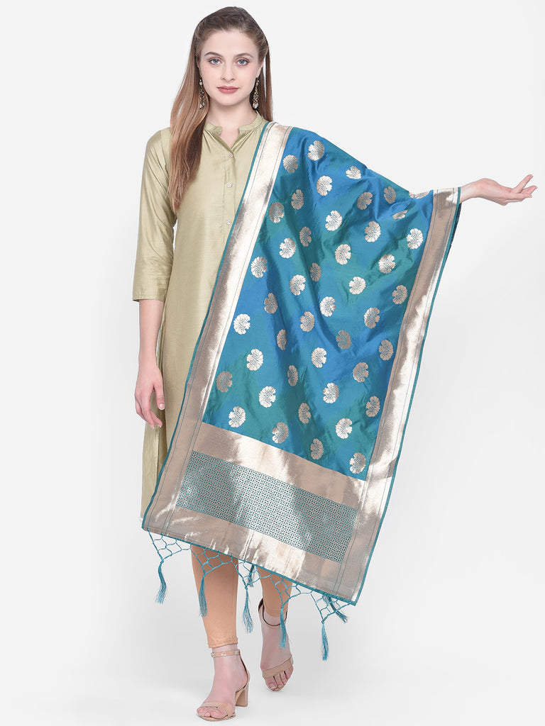 Dupatta Bazaar Woman's Blue & Gold Shaded Banarasi Silk Dupatta - Dupatta Bazaar