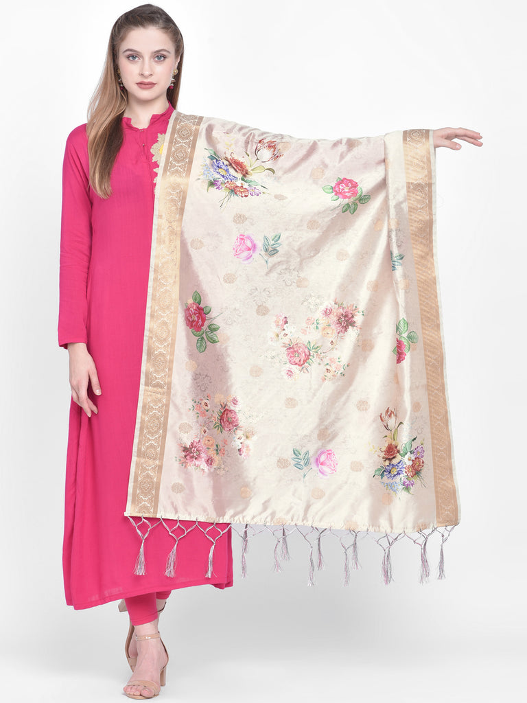 Dupatta Bazaar Woman's Cream Banarasi Dupatta with Digital Print. - Dupatta Bazaar