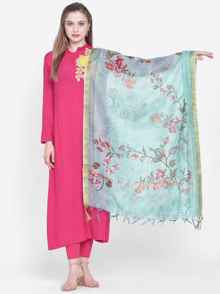 Dupatta Bazaar Woman's Sea Green Cotton Silk Digitally Printed Dupatta - Dupatta Bazaar