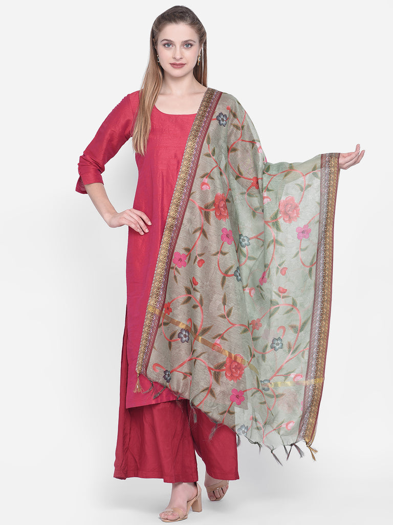 Dupatta Bazaar Woman's Green Cotton Silk Digitally Printed Dupatta - Dupatta Bazaar