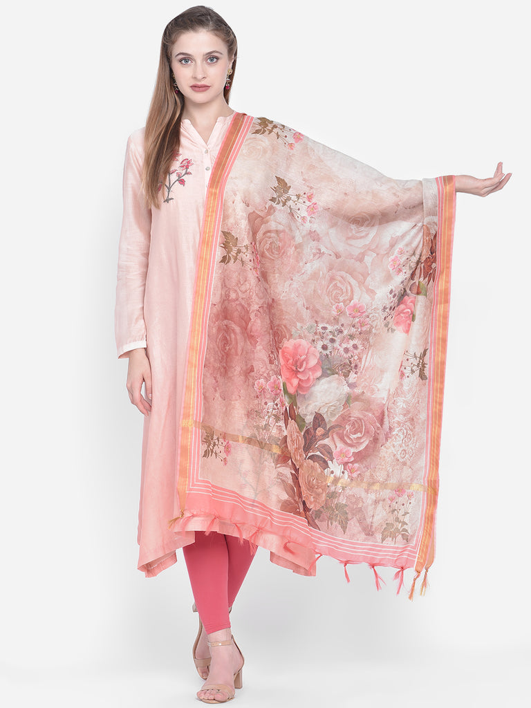 Dupatta Bazaar Woman's Beige & Peach Cotton Silk Digitally Printed Dupatta - Dupatta Bazaar