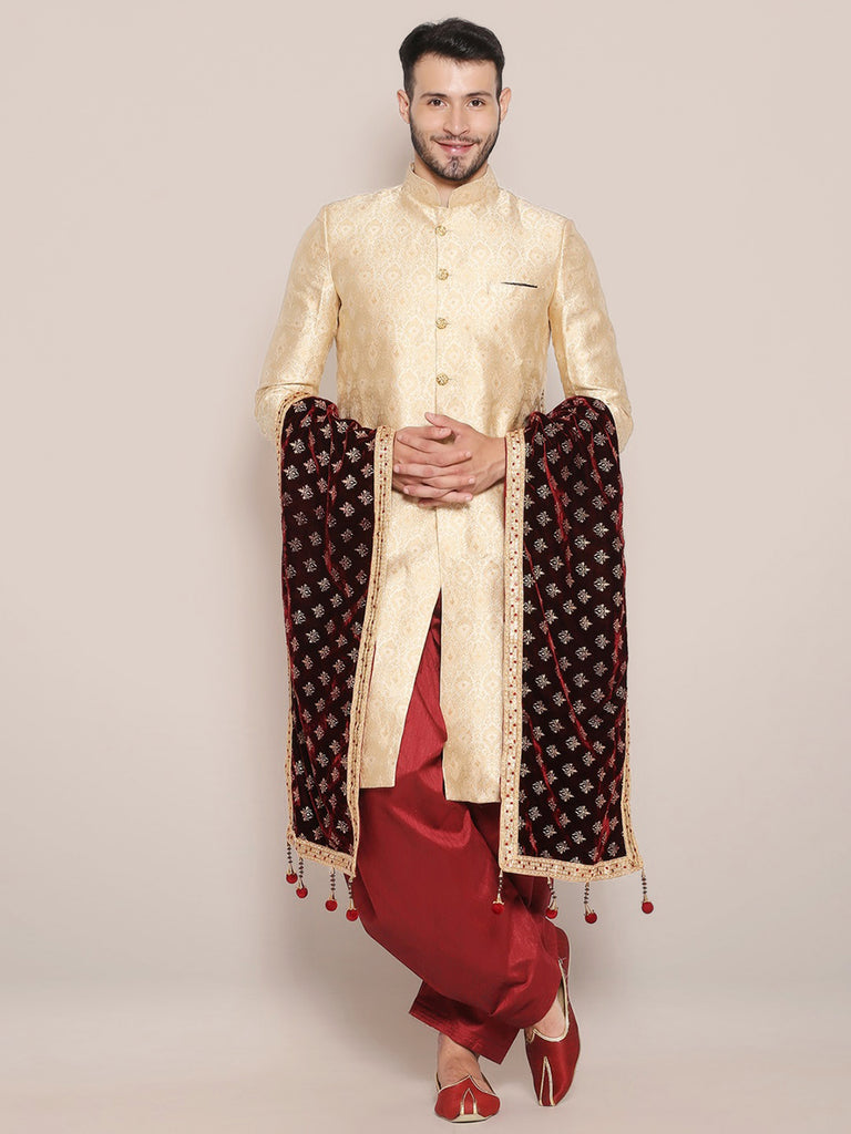 Men's Dark Maroon Velvet Stole with Foil Print. freeshipping - Dupatta Bazaar
