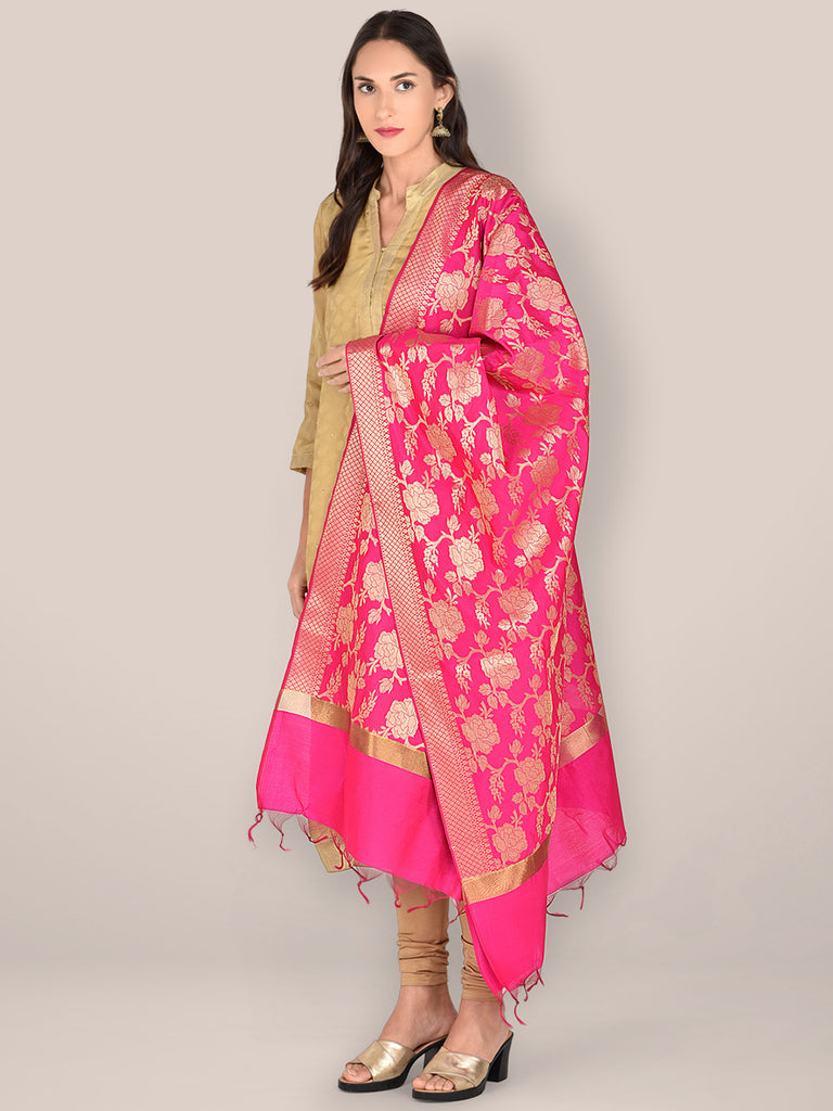 Banarasi Rani Pink Silk Dupatta with Floral Jaal freeshipping - Dupatta Bazaar