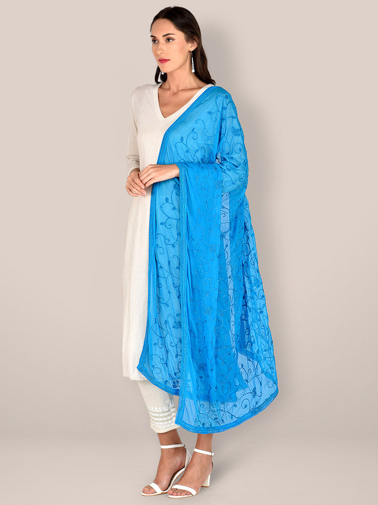 Turquoise Blue Embroidered  Chiffon Dupatta freeshipping - Dupatta Bazaar