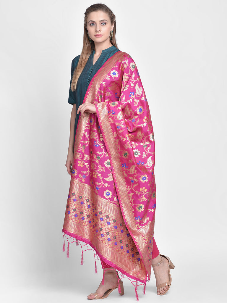 Dupatta Bazaar Woman's Pink Banarasi Silk Dupatta with floral Jaal - Dupatta Bazaar