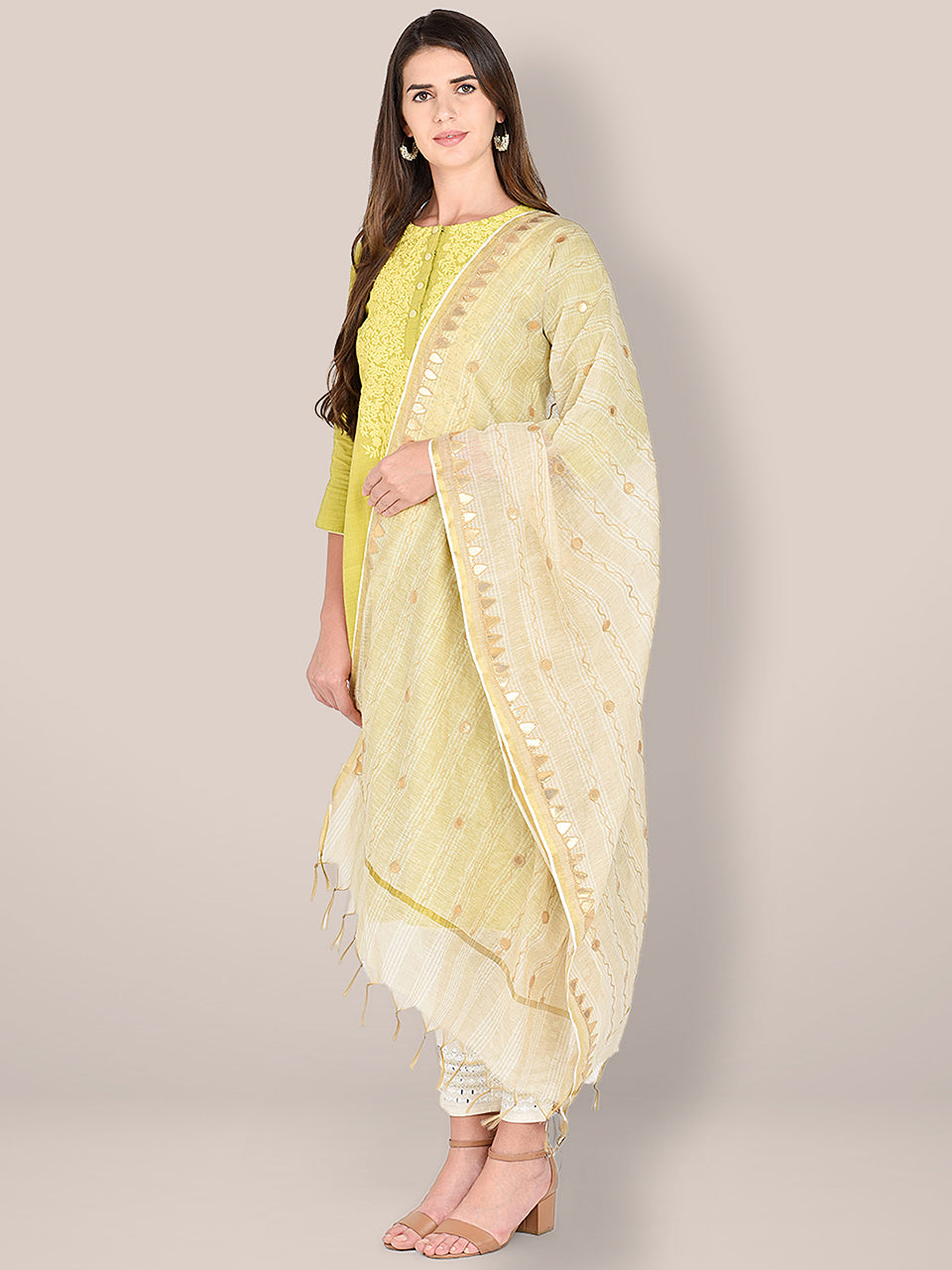 Beige Striped Cotton Dupatta