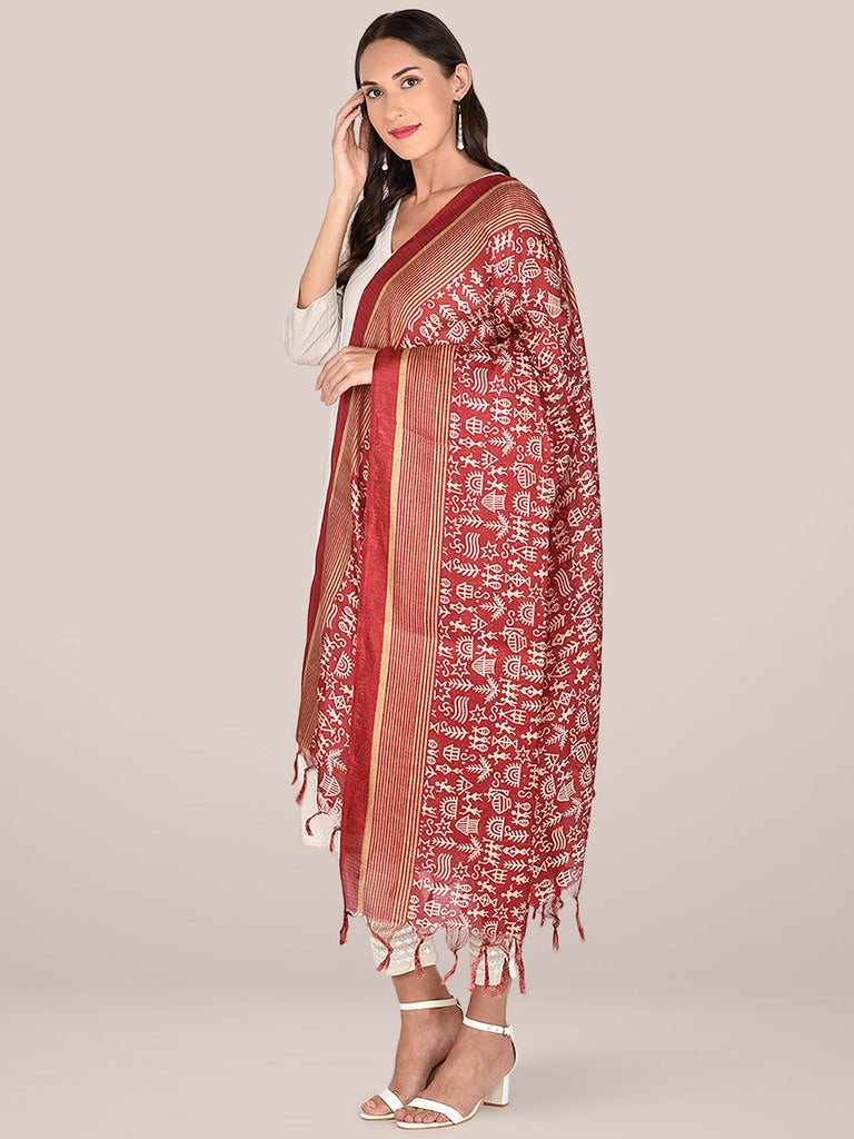 Floral Printed Maroon Art Silk Dupatta freeshipping - Dupatta Bazaar