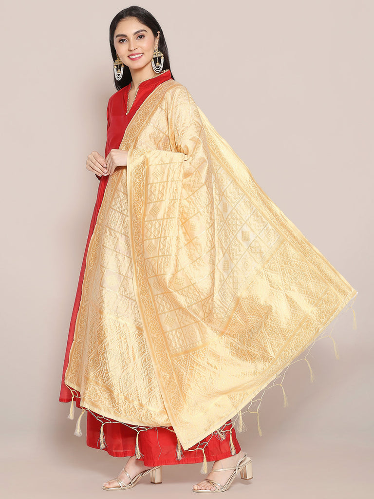 Cream Banarasi Silk Dupatta with Bhandej design. freeshipping - Dupatta Bazaar