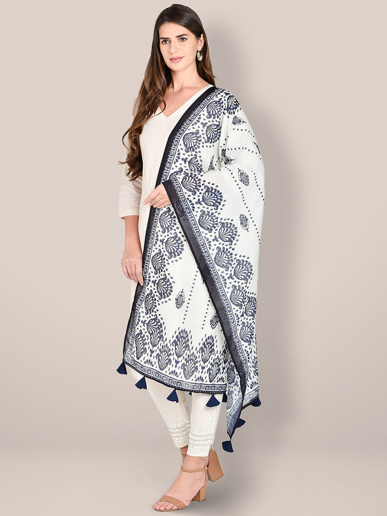 Navy Blue & White Floral Printed Blended Silk Dupatta. freeshipping - Dupatta Bazaar