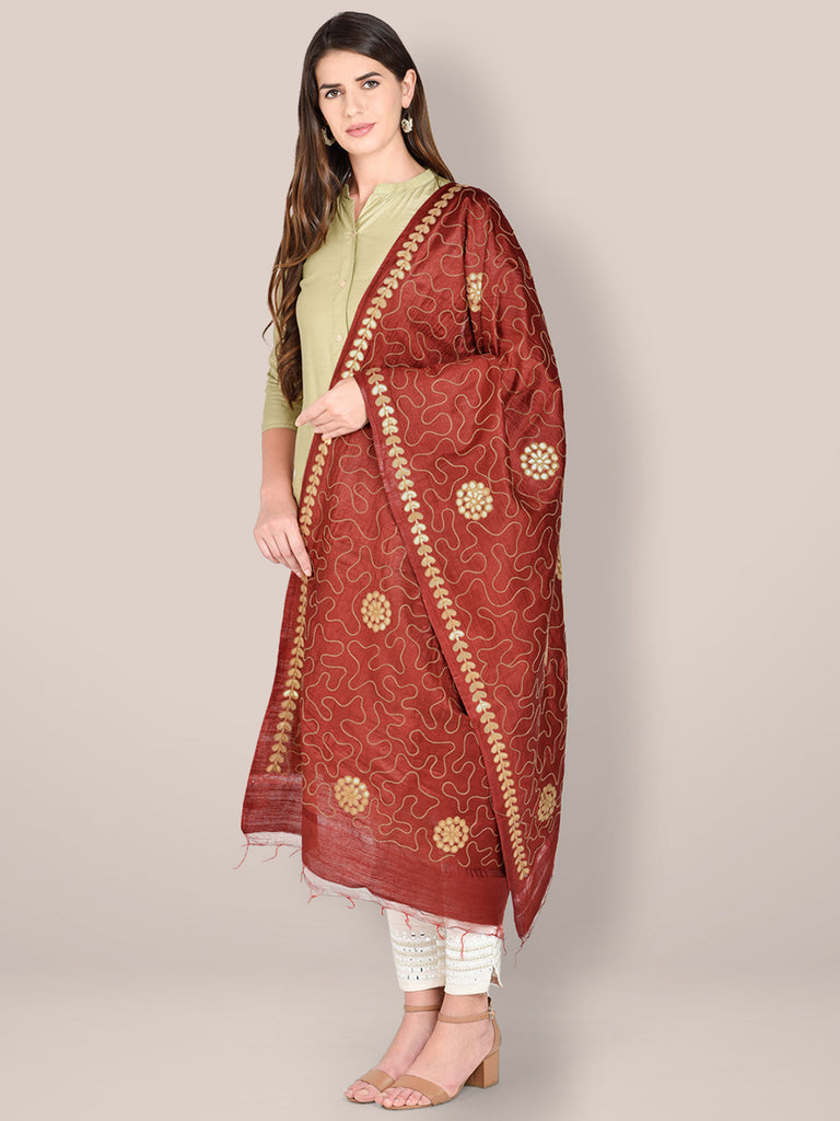 Embroidered Maroon Blended Silk Dupatta freeshipping - Dupatta Bazaar
