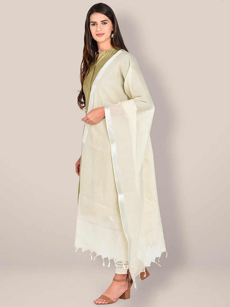 Mangalgiri Cream Cotton Dupatta with Silver border freeshipping - Dupatta Bazaar