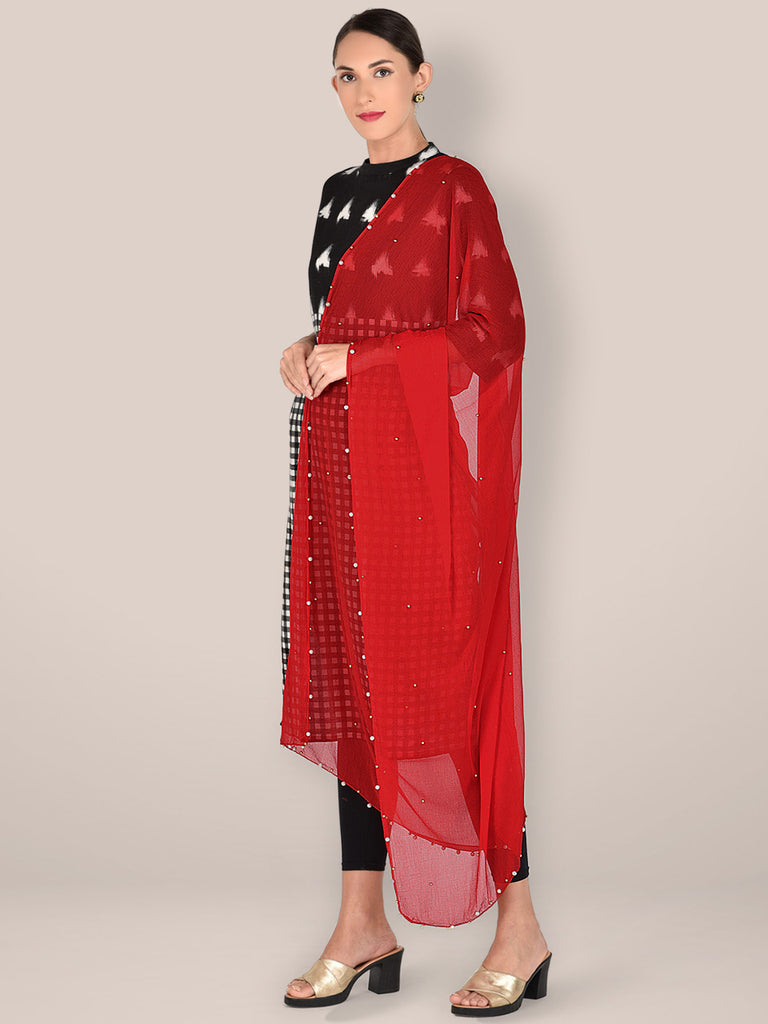 Red Chiffon Dupatta with Pearls & Beads freeshipping - Dupatta Bazaar
