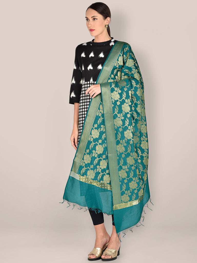 Banarasi Teal Silk Dupatta with Floral Jaal freeshipping - Dupatta Bazaar