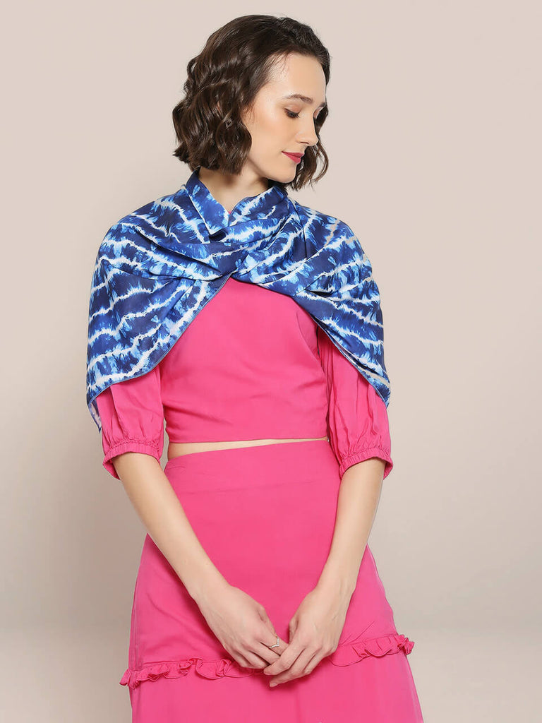 Printed Blue & White Satin Scarf