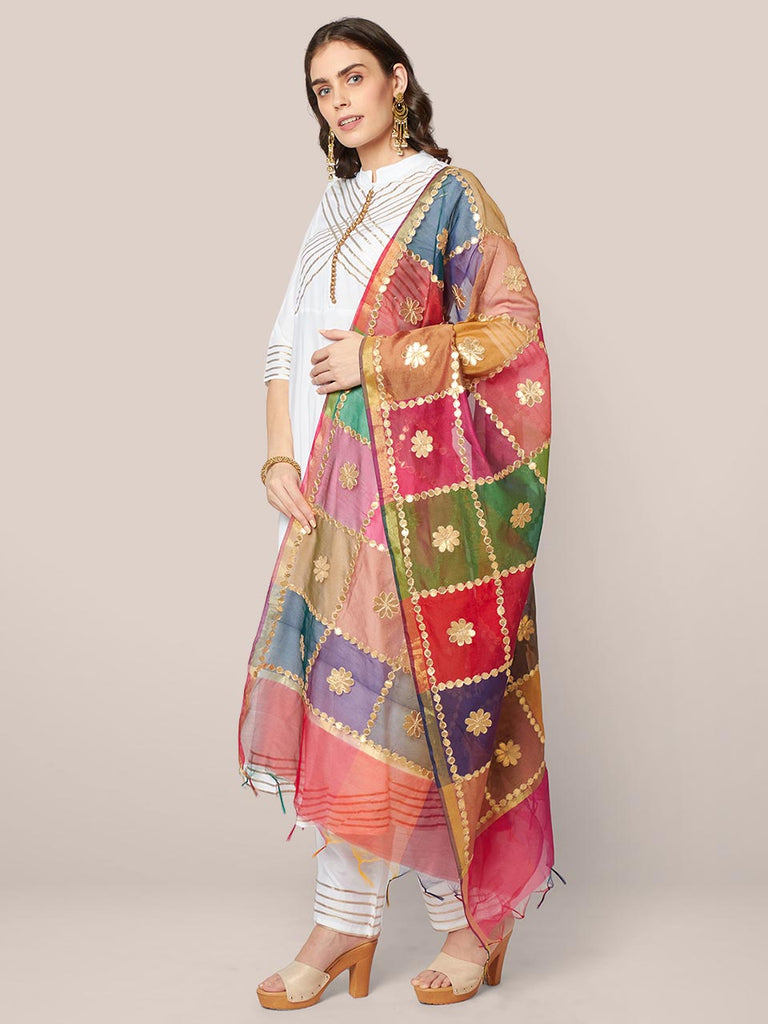 Multicoloured Checkered Silk Blend Dupatta with Gotta Patti Work freeshipping - Dupatta Bazaar