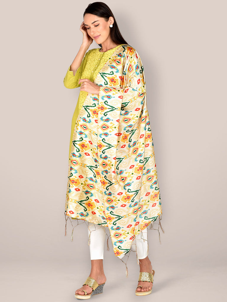 Floral Printed Cream & Multicoloured Art Silk Dupatta freeshipping - Dupatta Bazaar