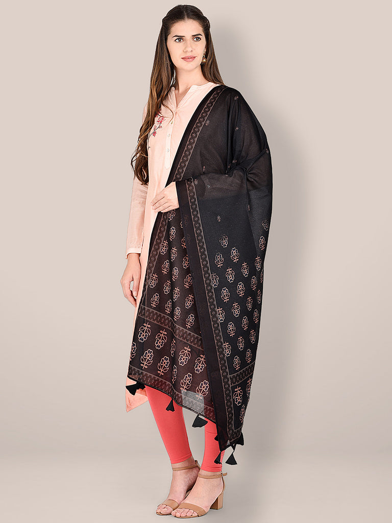 Black Kalamkari Printed Blended Silk Dupatta. freeshipping - Dupatta Bazaar