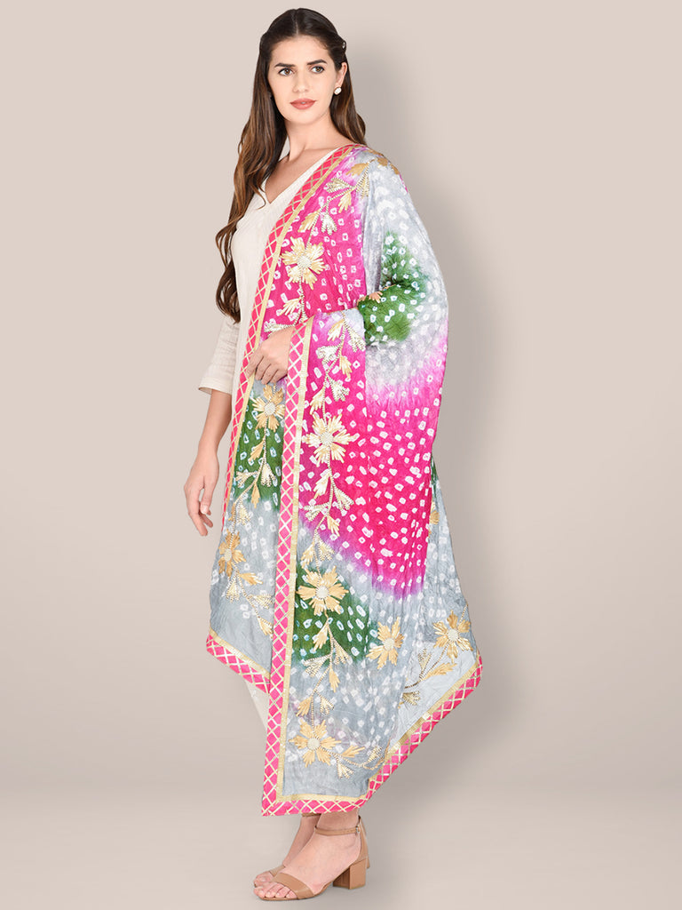 Multicolor Bandhini Dupatta with Gotta Patti Work. freeshipping - Dupatta Bazaar