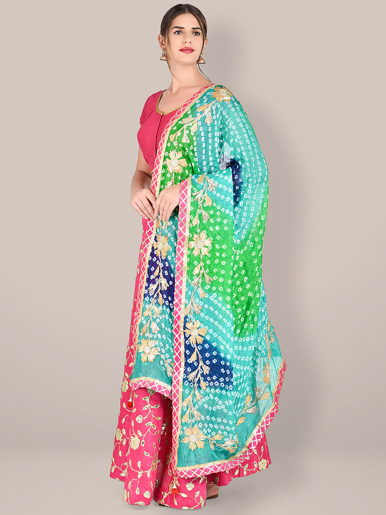 Multicolor Bandhini Dupatta with Gotta Patti Work. freeshipping - Dupatta Bazaar