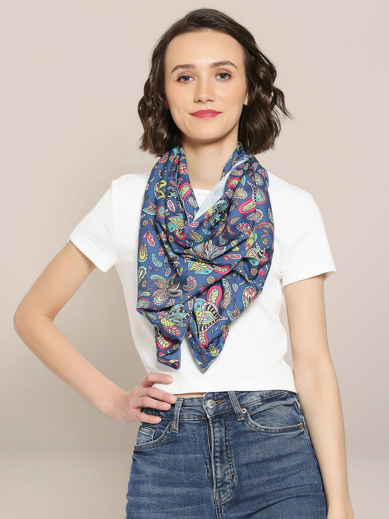 Navy Blue & Multicolor Floral Printed Satin Scarf