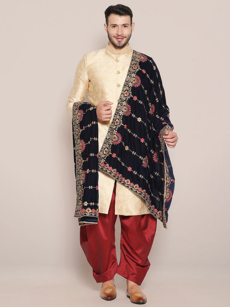 Men's Navy Blue Velvet Dupatta. freeshipping - Dupatta Bazaar