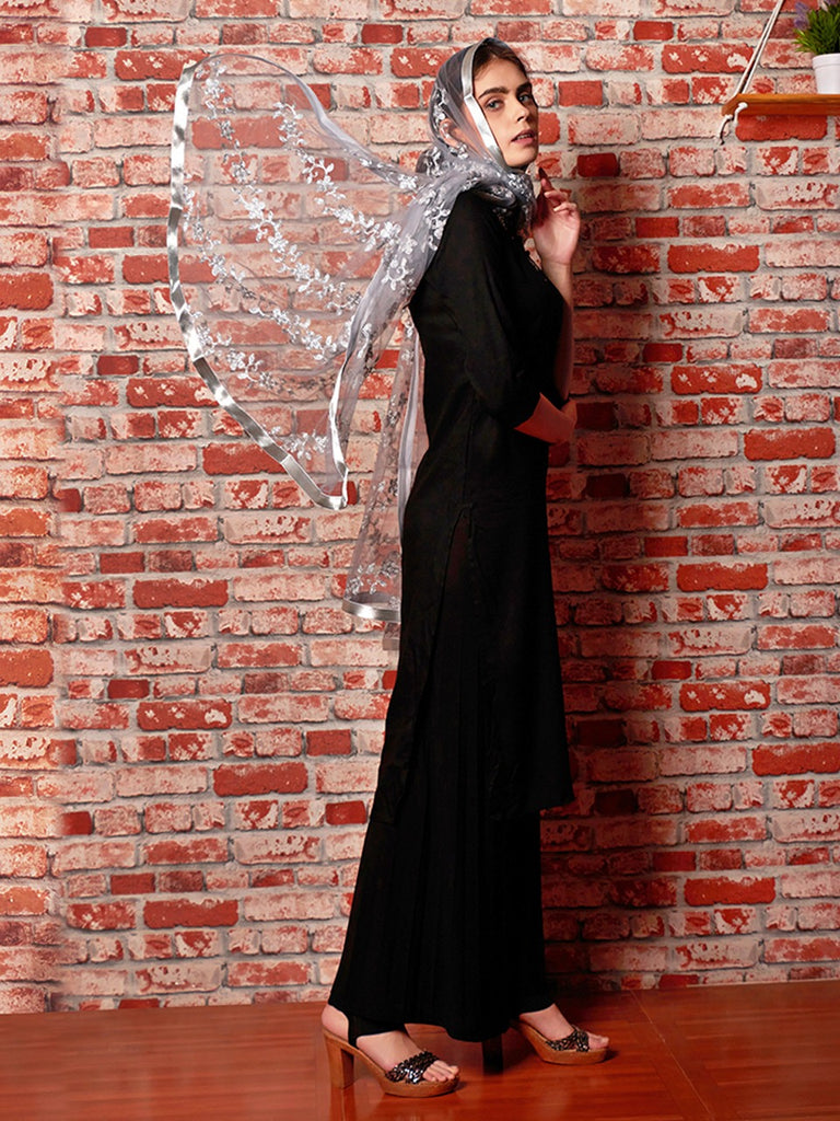 Embroidered Silver Net Dupatta with Satin Border freeshipping - Dupatta Bazaar