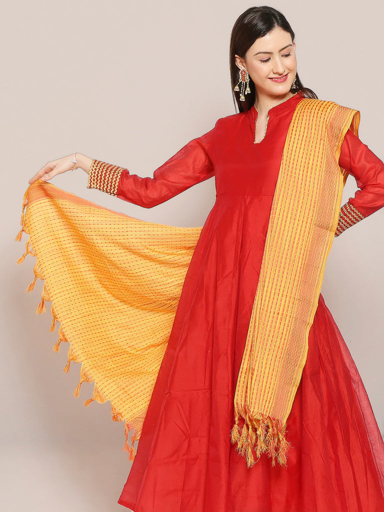 Woven Yellow & Red Checkered Cotton Dupatta with Polka dots freeshipping - Dupatta Bazaar