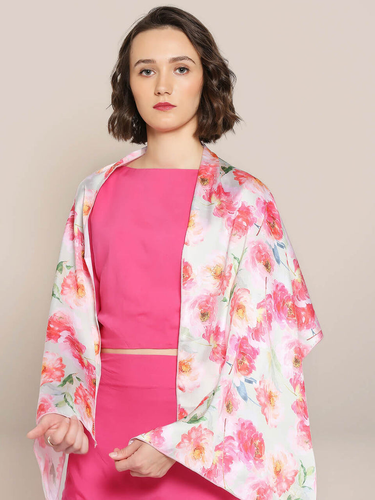 Pink & Multicolor Printed Satin Scarf